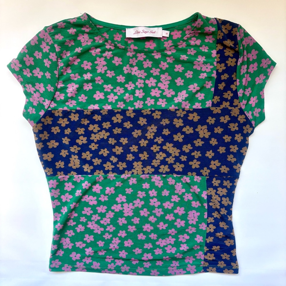 Lisa Says Gah Green and Pink Floral Patchwork Tee with Navy Panels